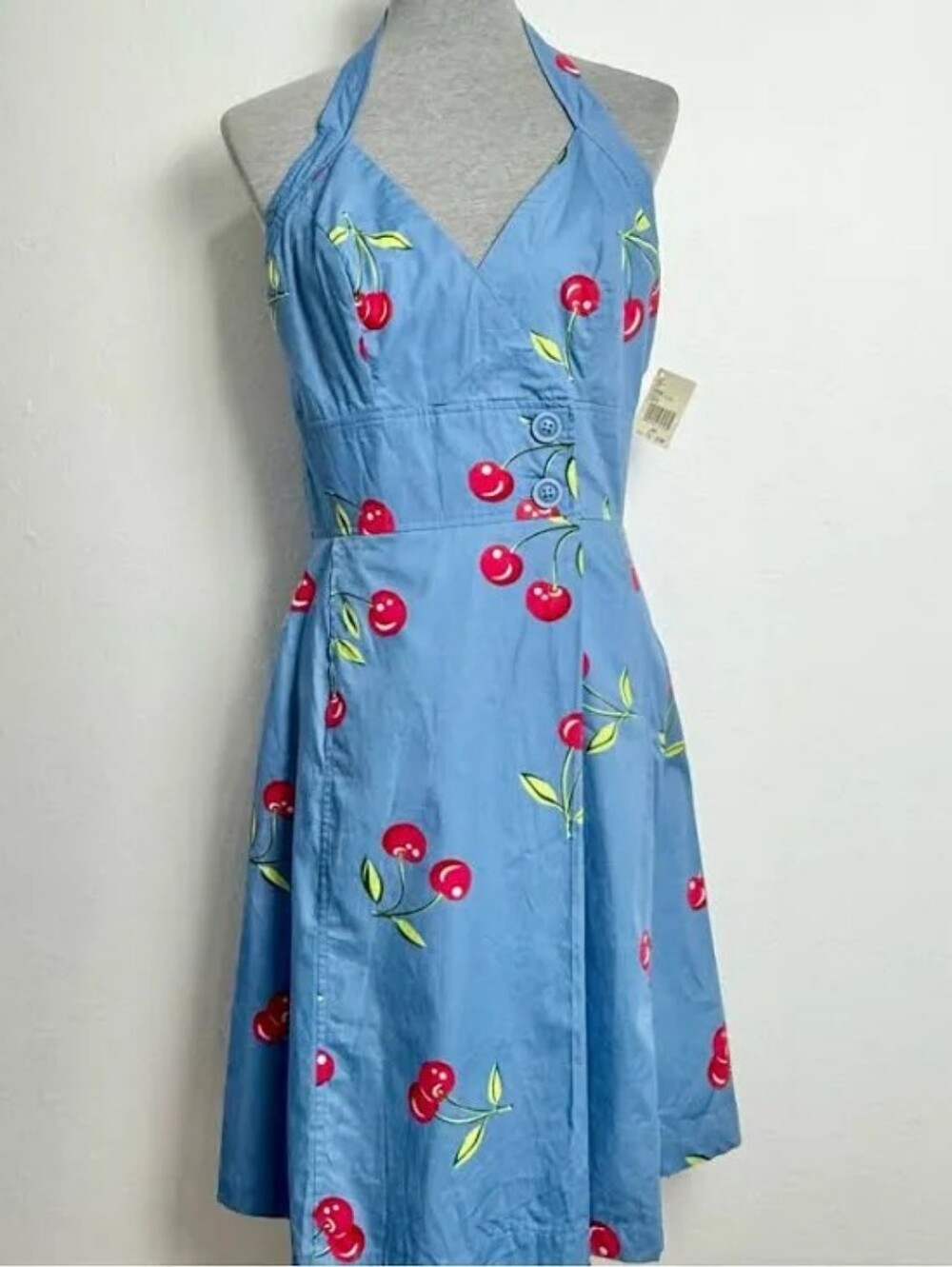 Vintage Retro Pin-Up Style Cherry Print Dress Halter A-Line Fit & Flare Cotton